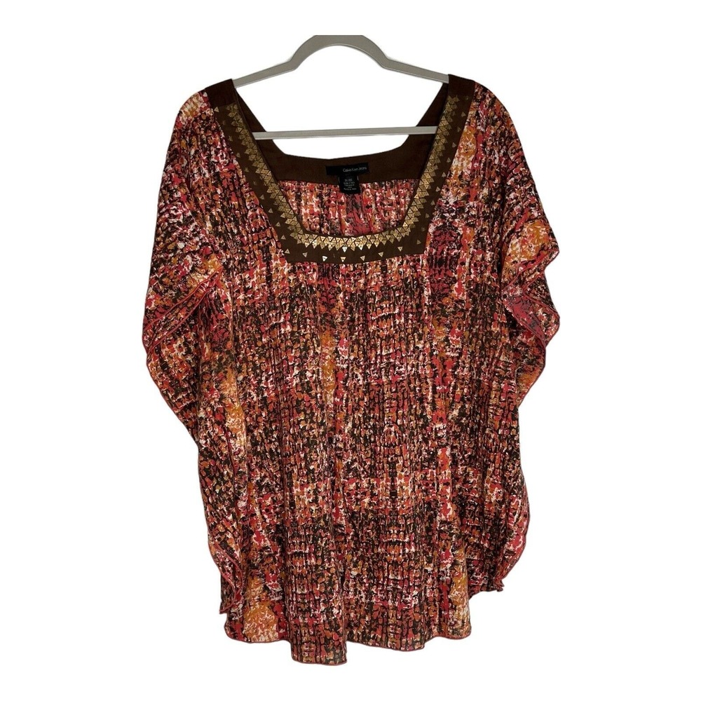 Calvin Klein Top Womens XXL Short Sleeve Flowy Embellished Square Neck Boho